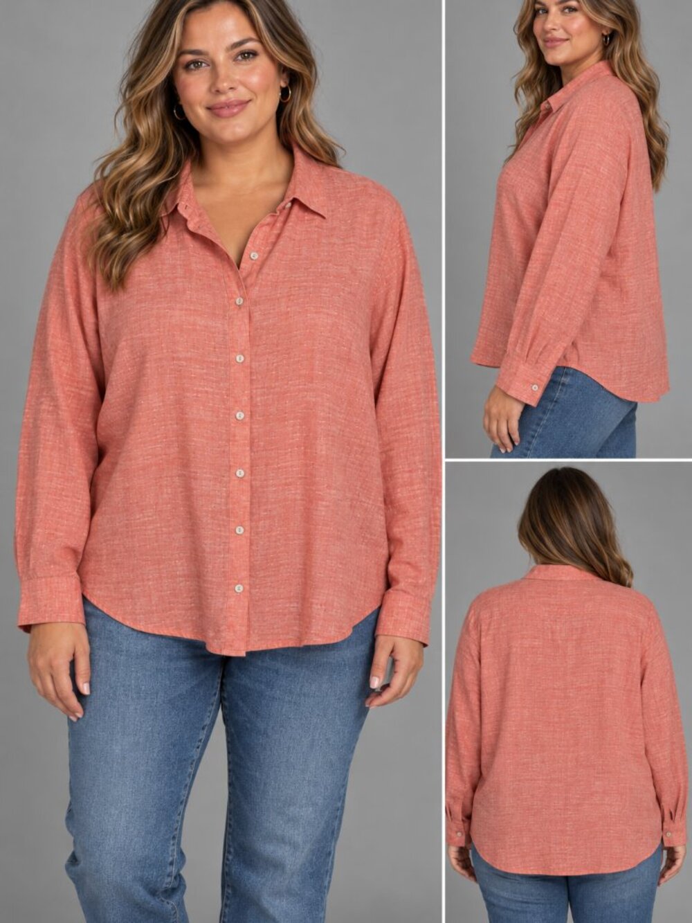 For Cynthia Coral 100% Linen Button-Down Blouse 3X Resort Wear